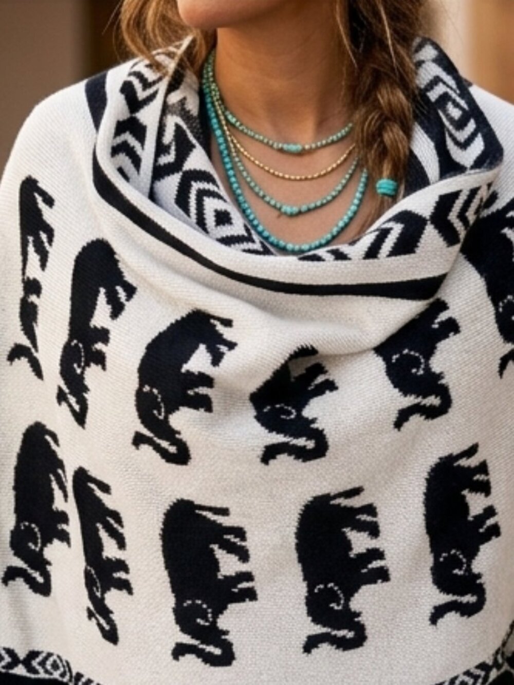 Black & Cream Elephant Pattern Boho Aztec Reversible Knit Sweater Wrap